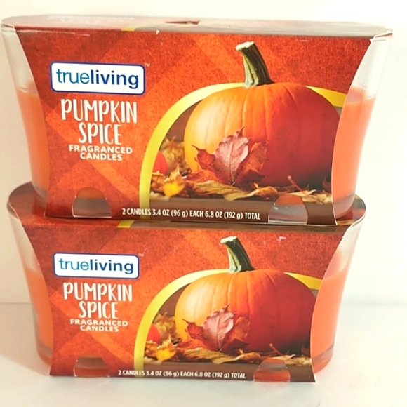 True Living Pumpkin Spice Fragranced Candles Two separate packages of 2 - Picture 1 of 6